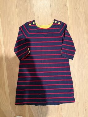 Hanna Anderson Navy & Red Striped Button Shoulder Dress with Yellow Trim